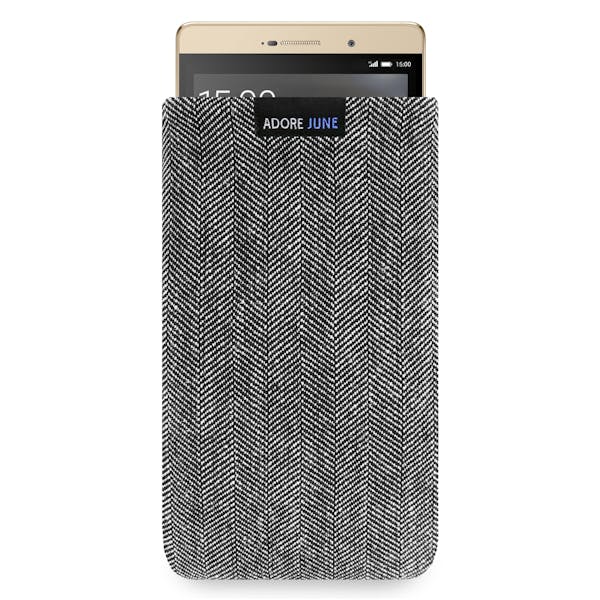 Das Bild zeigt die Vorderseite von Business Tasche für Huawei P8 Max in Farbe Grau / Schwarz; Zur Veranschaulichung wird ebenfalls dargestellt, wie das kompatible Gerät in dieser Tasche aussieht