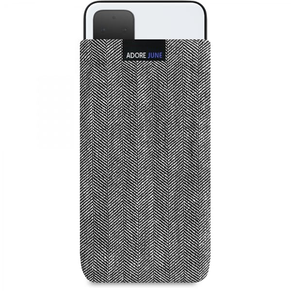 The picture shows the front of Business Sleeve for Google Pixel 4 XL in color Grey / Black; As an illustration, it also shows what the compatible device looks like in this bag