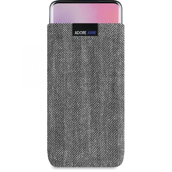 Das Bild zeigt die Vorderseite von Business Tasche für OnePlus 7 Pro und OnePlus 7T Pro in Farbe Grau / Schwarz; Zur Veranschaulichung wird ebenfalls dargestellt, wie das kompatible Gerät in dieser Tasche aussieht