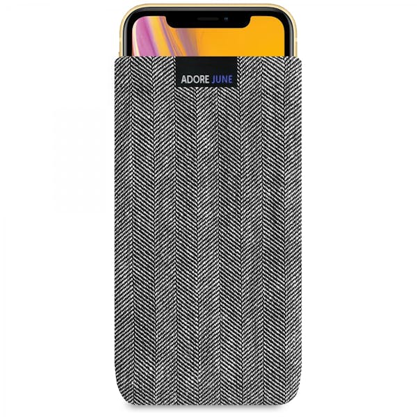 Das Bild zeigt die Vorderseite von Business Tasche für Apple iPhone XR in Farbe Grau / Schwarz; Zur Veranschaulichung wird ebenfalls dargestellt, wie das kompatible Gerät in dieser Tasche aussieht