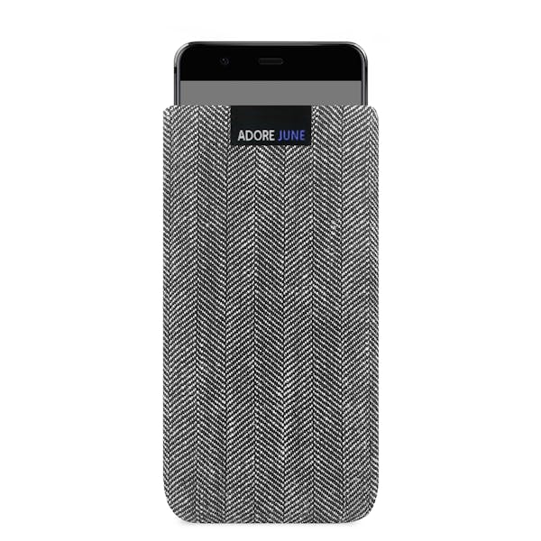Das Bild zeigt die Vorderseite von Business Tasche für Huawei P10 in Farbe Grau / Schwarz; Zur Veranschaulichung wird ebenfalls dargestellt, wie das kompatible Gerät in dieser Tasche aussieht