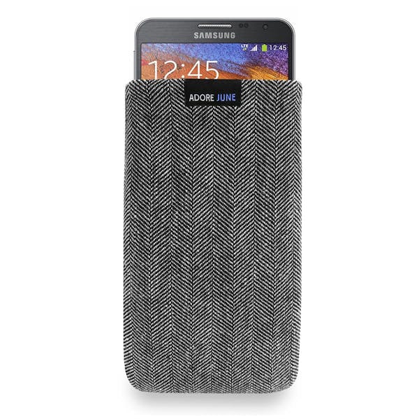 Das Bild zeigt die Vorderseite von Business Tasche für Samsung Galaxy Note 3 Neo in Farbe Grau / Schwarz; Zur Veranschaulichung wird ebenfalls dargestellt, wie das kompatible Gerät in dieser Tasche aussieht